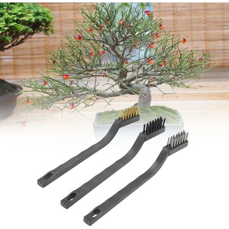 Lot de 3 mini brosses métalliques avec manche en plastique pour le nettoyage des troncs d'arbres et des écorces de bonsaï. Outil de nettoyage de jardin. (1/5)