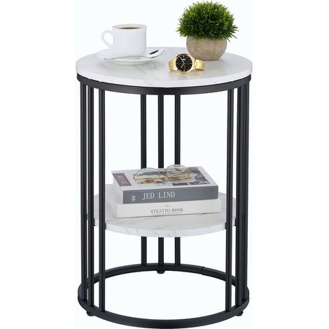 Relaxdays Marble-effect side table, 2 shelves, for living room, metal & MDF, round, H x D 56 x 40 cm, white/black