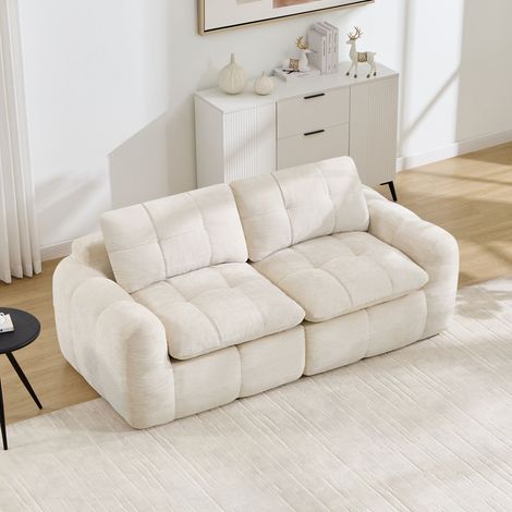 Canapé modulaire 2 places – Modèle capitonné carré en tissu chenille, mousse haute densité 32D, assise profonde – Sans montage – Pour appartement, salon et chambre – Beige