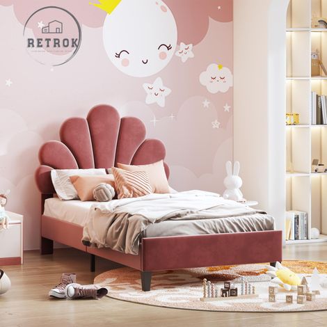 Lit rembourré enfant 90x200cm - Tête de lit fleur - Velours doux - Bordeaux