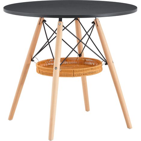 Tavolo da pranzo rotondo 80 cm nero con gambe in legno e portapaniere intrecciato (1/5)