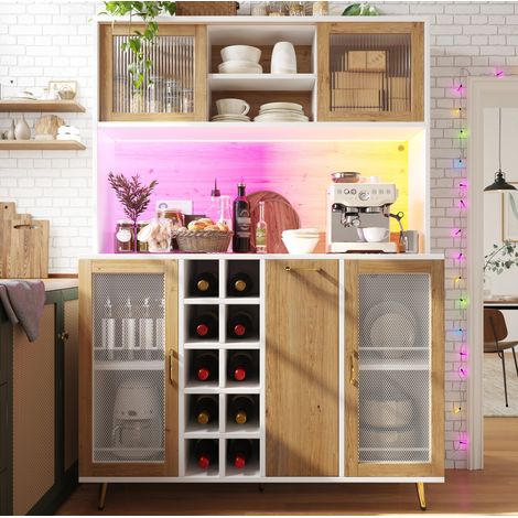 Credenza cucina 120 x 40 x 180 cm con LED, presa, 5 ante, bianco effetto legno DESVIAE (1/5)