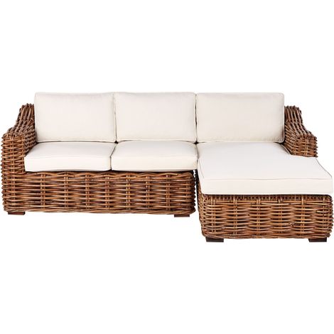 Divano da giardino Boho a 3 posti in vero vimini di rattan con cuscini, naturale Briatico