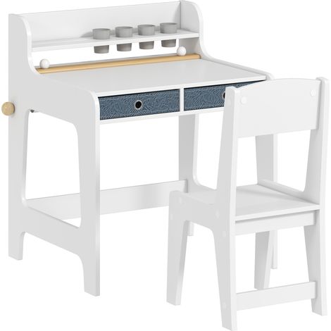 Bureau enfant avec siège, table avec chaises, 2 tiroirs en tissu, porte-verre, 62,8x55,6x73,8cm, blanc (1/5)