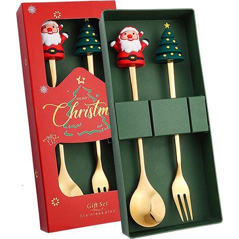 2 couverts en acier inoxydable, cuillères et fourchettes de Noël, or et argent, 16 cm et 15,8 cm, pour café, dessert et décoration festive (1/5)