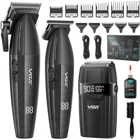 VGR 640 S3 Tondeuse cheveux sans fil kit 3-en-1 — céramique, 9 sabots, 250 min, USB-C, LED Noir