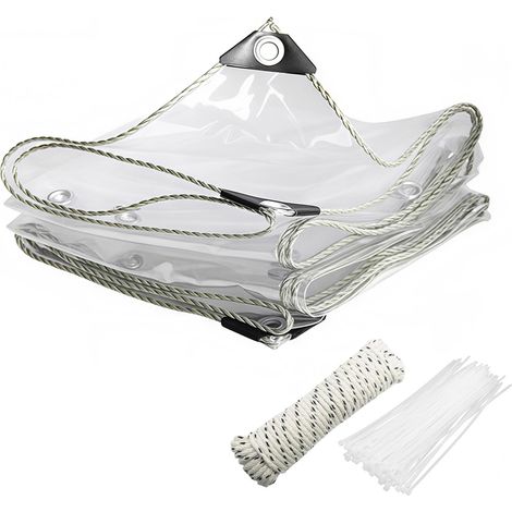 3x4m Bâche Transparente avec œillets, 450 g/m² PVC Bâche Transparente avec 20 Serre-câbles, Corde de Fixation de 10m Exterieur Imperméable pour Terrasse, Balcon, Jardin, Les tonnelles (1/5)