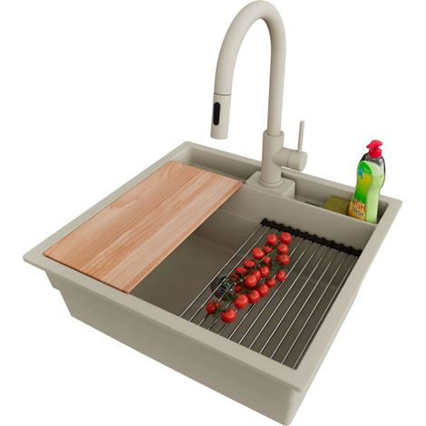 PRIMAGRAN Evier Sous Plan 56x54cm,Evier en Granit 1 bac + Robinet 40x20cm + Kit de Vidage + Accessoires, Évier au meuble 60cm - Bergen Pocket, Beige