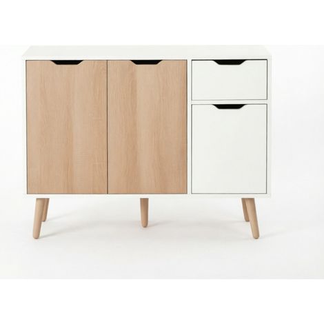 Aparador escandinavo con cajón y puertas, blanco y roble claro, 90 x 30 x 72 cm (1/5)