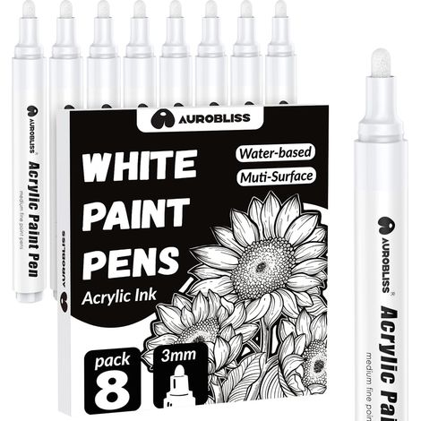 Marqueur Blanc indelebile 2-3mm, 8 Stylo Feutre Blanc pour Verre, Ardoise, Metal, Bois, Galets, Pneus Marqueur Feutre Acrylique Permanent Pointe Large (1/5)