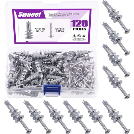 120 Heavy Duty Self-Drilling Zinc Drywall Anchors with 8 x 1-1/4 Inch Screw Kit - No Pre-Drilling Required - Self-Drilling Drywall Anchors for Hanging (1/5)