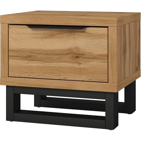 Comodino stile industriale con un grande cassetto collezione MILOS. Colore rovere grezzo.