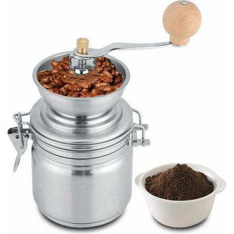 Kaelt - Moulin à café manuel en acier inoxydable, outil à main pour moulins, pour grains de café, épices, noix, graines, herbes, graines de citrouille, etc. (Argent) (1/5)