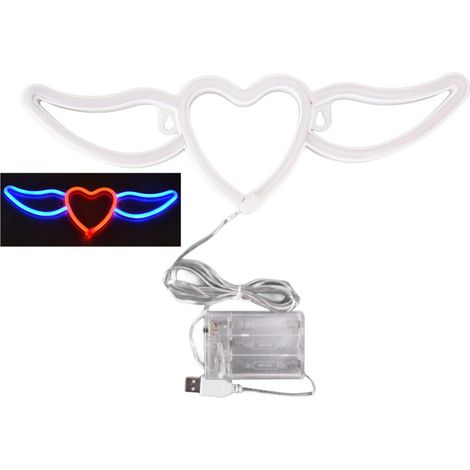 [Luminaire Neon] Luminaire Neon Lumière LED en forme de coeur avec ailes pour Saint Valentin Wedding Bleu Rouge Haute: 11cm Large: 35cm ABS PVC IP45 300LM Dual USB Batteries AA