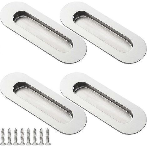 Poignées de porte coulissante ovales encastrées en acier inoxydable, 4 pièces, finition argentée, avec vis pour placards (1/5)