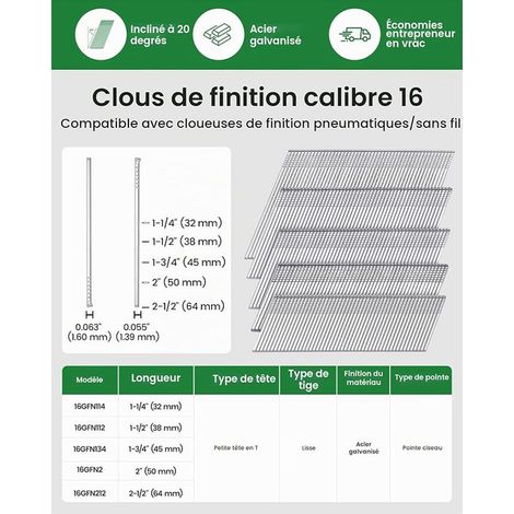 Angled Finishing Nails 16GA / 50 mm, 20 Degrees, Galvanised, Wire Diameter 1.6 mm, 16G Nails for Nailer, Finishing Windows and Cabinets (1/3)