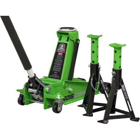 Sealey Trolley Jack with Super Rocket Lift 3 Tonne & Axle Stands (Pair) 3 Tonne Capacity per Stand - Green 3015CXHV (1/3)