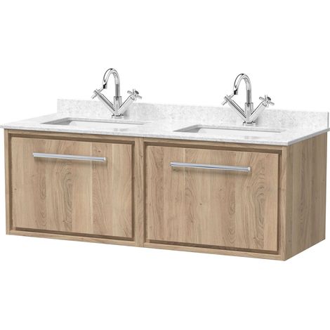 Longnor 2 Drawer Wall Hung Vanity Unit with Square Basin and Marble Worktop, Light Oak, 1200mm