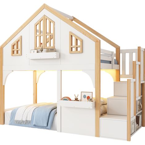 CHICFURN Letto a castello per bambini 90x200 cm in pino bianco e naturale, LED e contenitore (1/5)