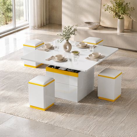 Tavolino basso sollevabile e pieghevole 100 x 50 x 43 cm con contenitore, bianco e giallo DESVIAE (1/5)