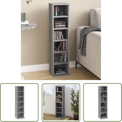 The Living Store Armoire à CD Sonoma gris 21x20x88 cm Bois d'ingénierie - Armoire À CD - Rangement CD - Bibliothèque - Meuble Audio - Mobilier Intérieur (1/5)