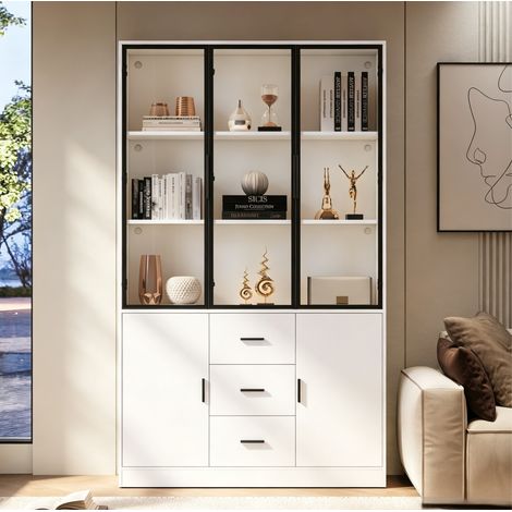 Vitrine haute 120x30x200 cm en panneaux de particules blanche, avec rangement pour salon FloraGrace (1/5)