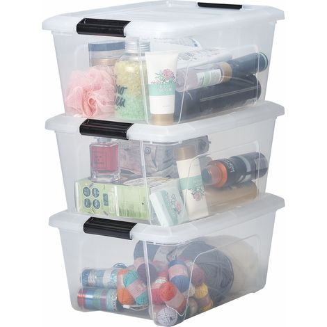 Iris Ohyama Aufbewahrungsboxen mit Deckel, 15L, 3er-Set, Transparent, Sicherer Verschluss, Stapelbar, Griffe, Schlafzimmer, Schrank, Büro, Organisation, BPA-freies Plastik, Ordnungsboxen, DDNTB-15 (1/5)
