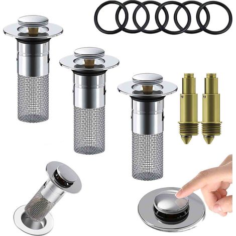 Bouchon Évier Salle De Bain - Mécanisme À Levier - Filtre Anti-Cheveux En Acier Inoxydable 304 - Compatible Universel 34 mm Et 40 mm - 1 Pièce (1/5)