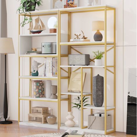 Libreria 160 x 29,5 x 180 cm in MDF e metallo, stile moderno, oro e bianco (1/5)