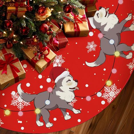 Falda roja para árbol de Navidad, estampado de perro husky, falda para árbol de 120 cm, decoración navideña de invierno para el hogar. (1/5)