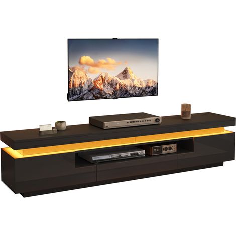 CHICFURN Mueble TV alto brillo negro de 175 x 38 x 45 cm, con 2 armarios en L, 1 cajón, hueco central, LED APP y espacio para televisores de hasta 75 pulgadas (1/5)
