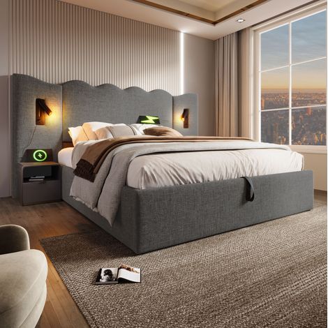 Lit coffre 180x200 avec lampe USB-C, lin gris HAVRYA (1/5)