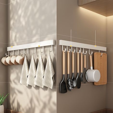 Support mural de cuisine en aluminium, sans perçage, pour ustensiles de cuisine, cuillères, pelles et planches à découper. Blanc, 6 crochets, 30 cm. (1/5)