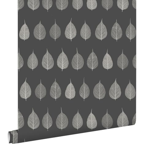 papier peint squelettes de feuilles noir et marron et gris charbon de bois  - ESTAhome (1/5)