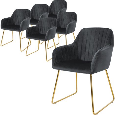 ML-Design Esszimmerstühle 6er Set, Sitzfläche aus Samt, Grau, Wohnzimmerstuhl mit Rücken- und Armlehnen, Küchenstuhl Gold Beine, Polsterstuhl mit Metallgestell, Ergonomische Sessel für Esstisch