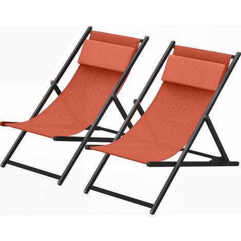 Lot de 2 bain de soleil, chaise longue pliante avec appuie-tête en textilène inclinable 60 x 100 x 85 cm, rouge brique