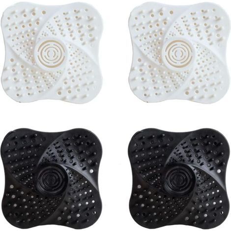 4er-Set Silikon-Spülbeckensiebe, Duschhaarfilter, Abflussschutz, Haarfänger mit Anti-Verstopfungs-Saugnapf für Dusche, Abfluss, Badewanne und Waschbecken, Weiß/Schwarz (1/4)