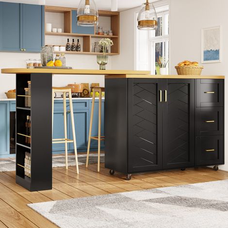 Meuble bar mobile extensible 135-228x39x104 cm, 2 portes 3 tiroirs, panier latéral, MDF noir et bois (1/5)