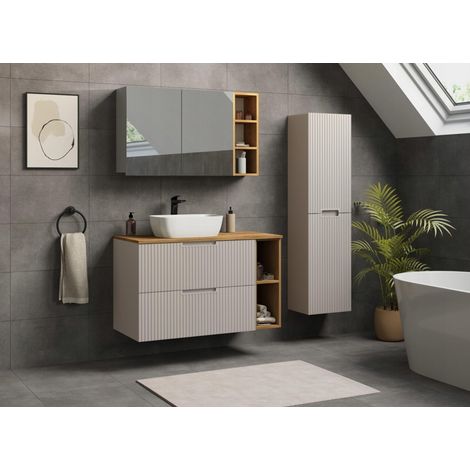 Meuble de salle de bain suspendu 80 cm – cachemire – niche blanche – fermeture douce – plan de toilette effet marbre blanc – sans vasque (1/5)
