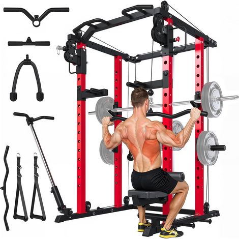 YODOLLA Cage de Puissance, avec système Cable Crossover, Charge maximale 907KG, Cage de Poids pour Salle de Sport à Domicile, Landmine, Barres de dips, Barre de Traction, Couleur Rouge (1/5)