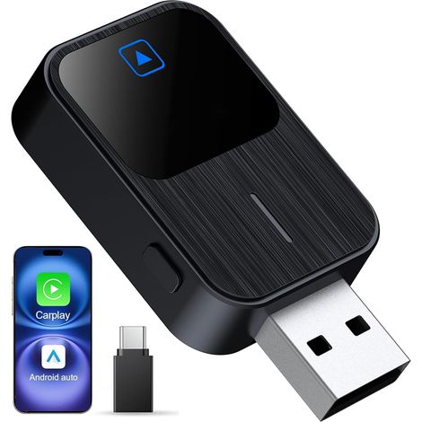 Adattatore Carplay wireless 2 in 1 per iPhone e Android Auto, USB/Type-C Plug-and-Play, adattatore mini cablato per Carplay wireless, adatto per iPhone iOS 10+ e Android 11+ e auto con Carplay