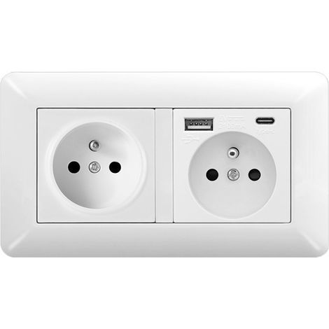 1 pièce Prise Électrique Murale Double avec Port USB + Type-C – Prise Murale 16A Blanche Facile à Installer