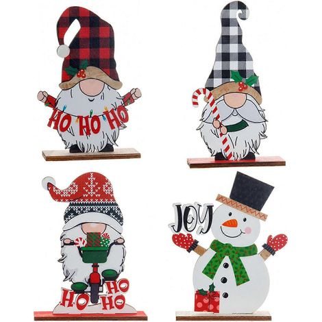 Décoration de Noël en Bois 4 Pièces - Ornements Lutin et Bonhomme de Neige