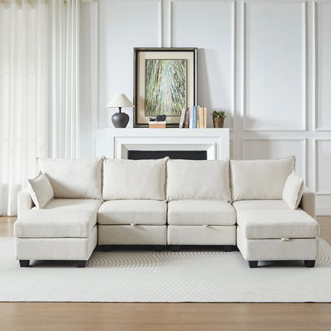 Canapé convertible modulable 6 places – Design U/L avec rangement – En chenille beige – Grande capacité de stockage (1/5)