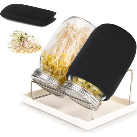 Sprossen Keimglas, 2er Sprouting jar Glas mit 2er Filtergitter Abdeckungen aus Edelstahl, Ständer und Einmachbürste, Sprossenglas Keimglas Set für Sprossen Zucht, Keimschale, Microgreens (1/4)
