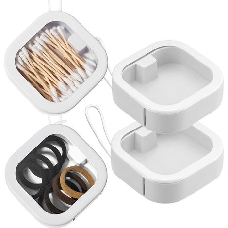 Boîte de Rangement pour Cotons-Tiges - Boîte Organisatrice Portative avec Fenêtre Visible et Cordon en Silicone - Pour Accessoires Capillaires, Bijoux, Petits Objets - 2 Pièces - Blanc (1/5)