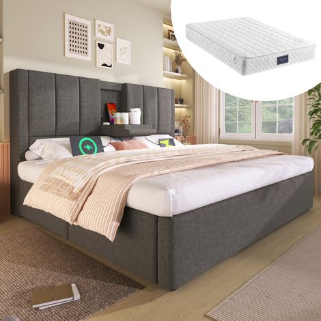 Lit double capitonné 140x200 lin gris rangement hydraulique porte-gobelet station recharge sommier lattes (avec matelas) (1/5)