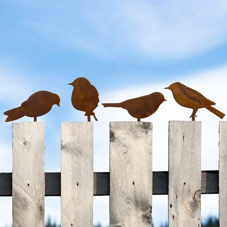 BEBUSINGOTO Juego de 4 pájaros decorativos oxidados de metal patinado - Aspecto óxido - Con rosca - Decoración de jardín - Decoración de jardín - Pájaro de hierro (1/5)
