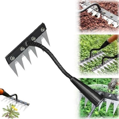 Unkrautrechen aus Eisen, 5/6/7/8 Zinken, Gartenrechen aus Kohlenstoffstahl zum Auflockern von Rasenboden, abnehmbares und vielseitiges Unkrautbekämpfungswerkzeug für Landwirtschaft und Haushalt (1/4)