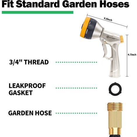 Lance d'arrosage de jardin, buse de pulvérisation haute pression, lance pour tuyau d'arrosage 100 % métal, buse d'arrosage à 7 jets, lance de jardin robuste (1/4)